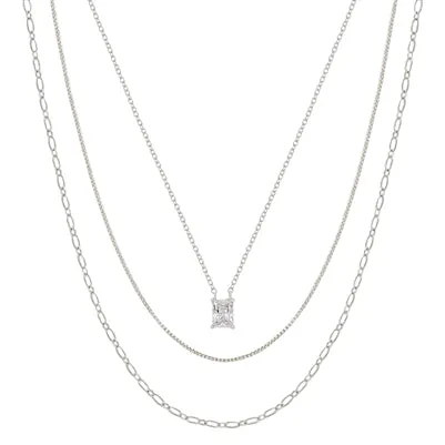 Silver Three Layered Snake Chain with Squared Pendant 16"-18" Necklace