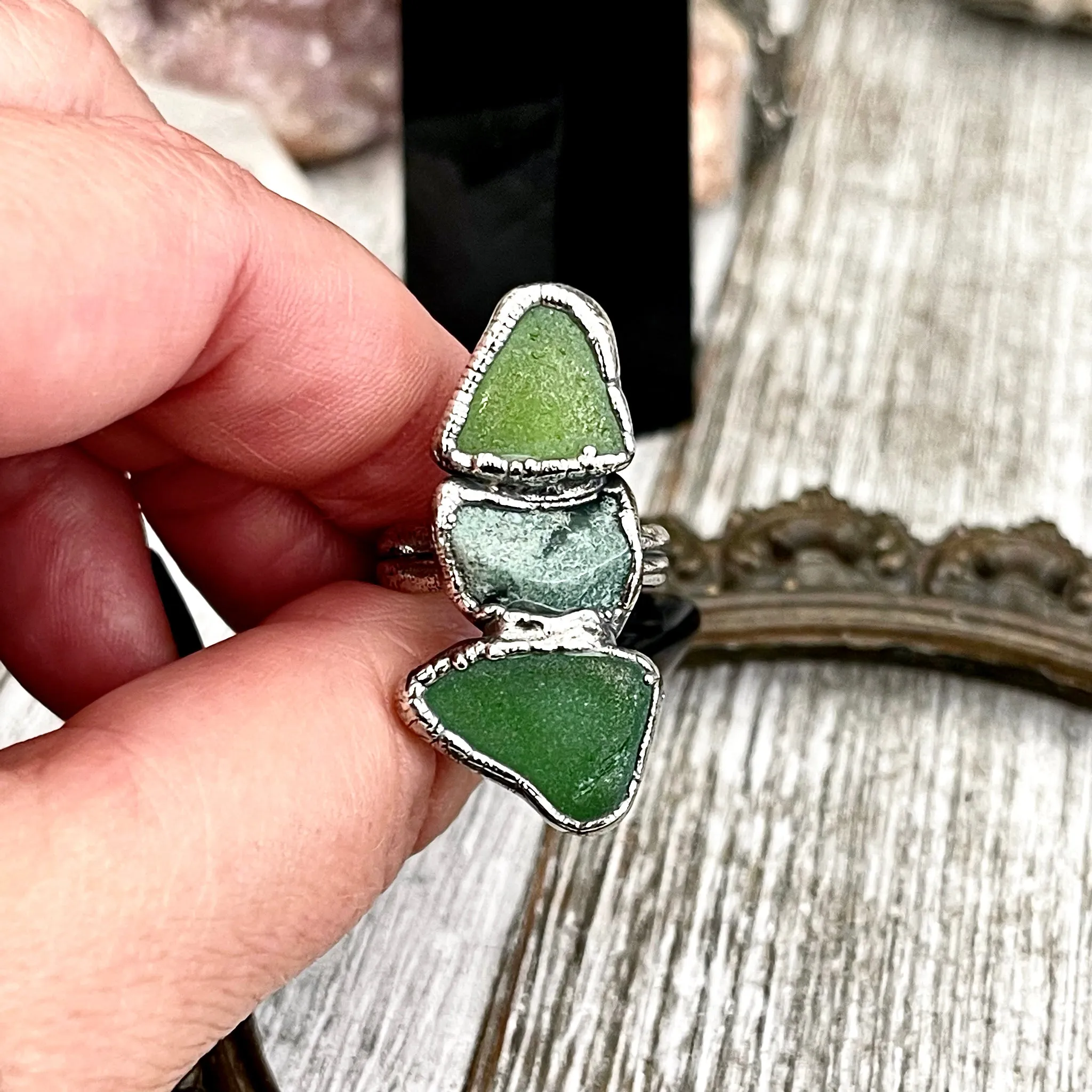 Size 6 Crystal Ring - Three Stone Ring Sea Glass Moss Agate Ring Silver / Foxlark Collection - One of a Kind