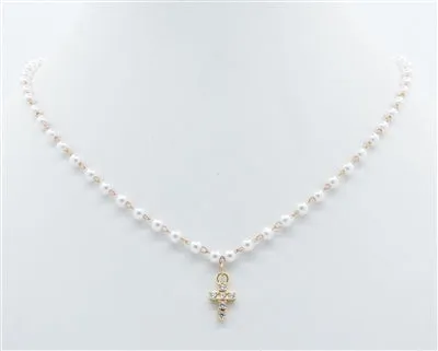 Small Pearl and Gold Chain 16"-18" Necklace with Small Gold Cross Charm