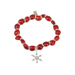 Snowflake Christmas Holiday Charm Stretchy Bracelet wHuayruro Red Seeds