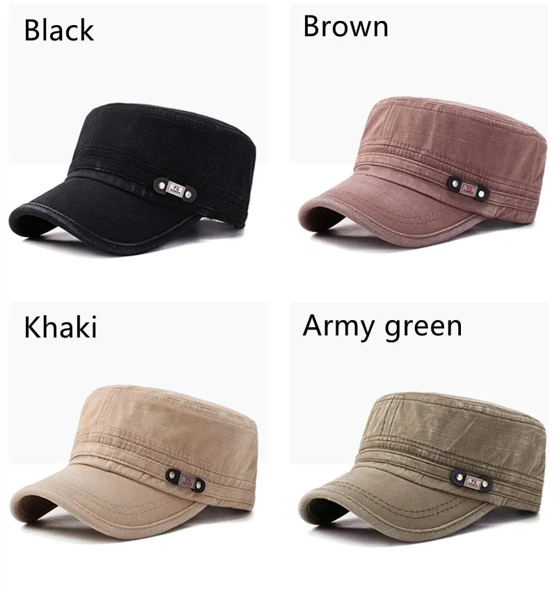 Solid Fashion Men's Military Cap Adjustable Army Hat Women's Baseball Cap All Cotton Flat Top Washed Cap Male