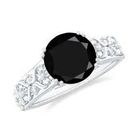 Solitaire Black Spinel Flower Engagement Ring with Diamond