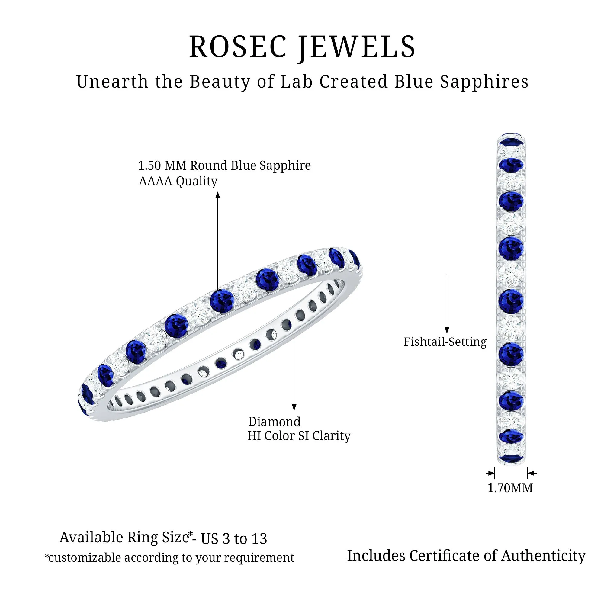 Stackable Lab Created Blue Sapphire and Diamond Eternity Ring