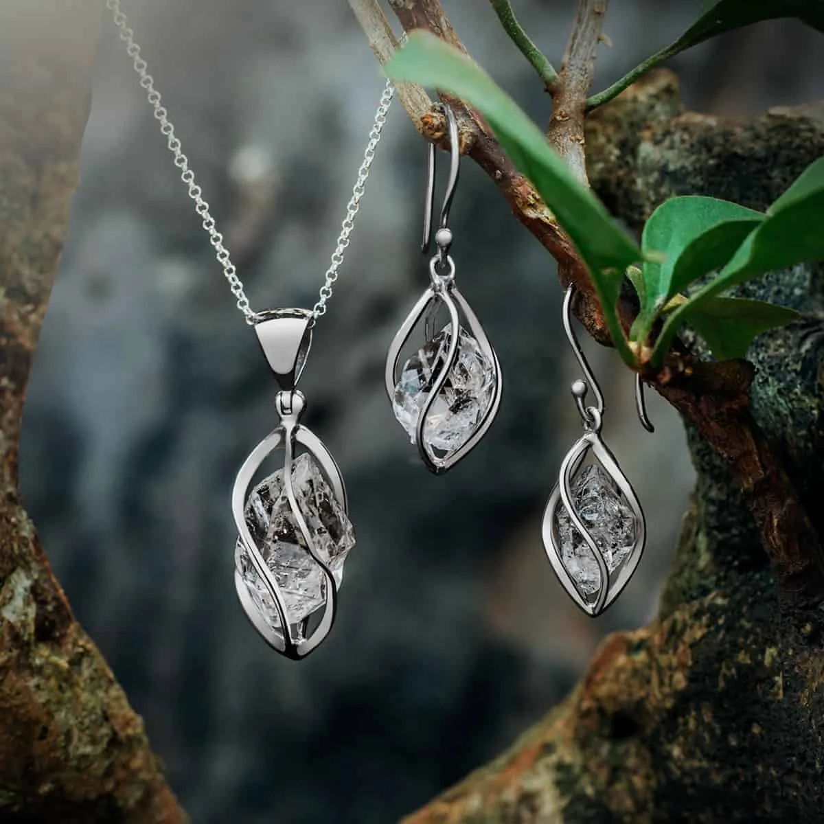 Starborn Sterling Silver natural Herkimer Diamond Quartz Pendant and Earrings with 16" Chain