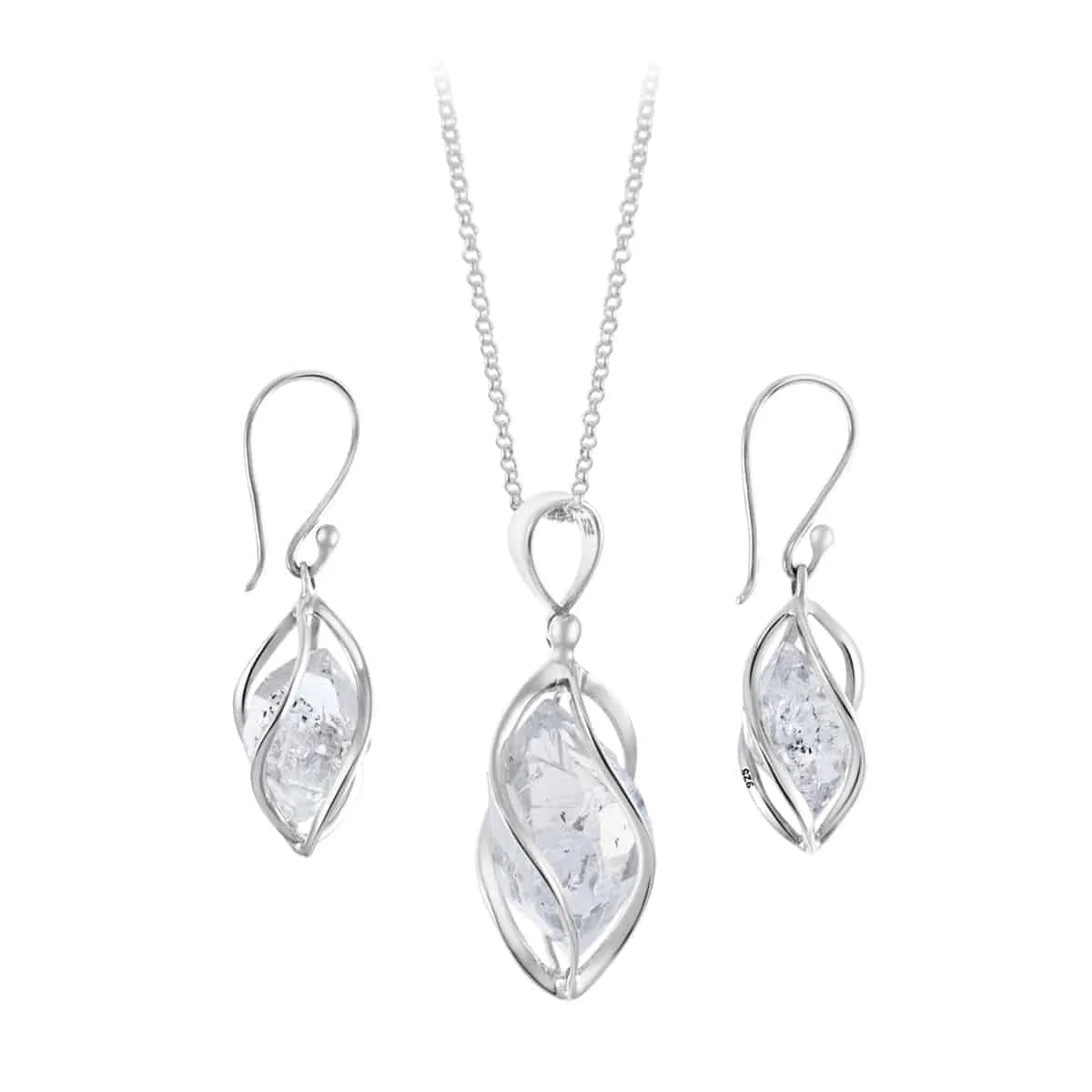 Starborn Sterling Silver natural Herkimer Diamond Quartz Pendant and Earrings with 16" Chain