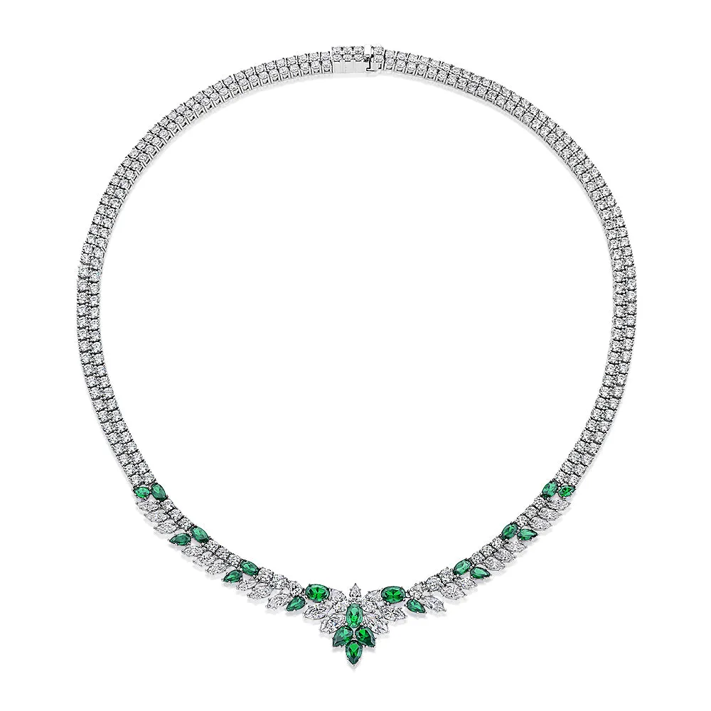 Statement necklace with emerald simulants and 21.57 carats* of diamond simulants in sterling silver