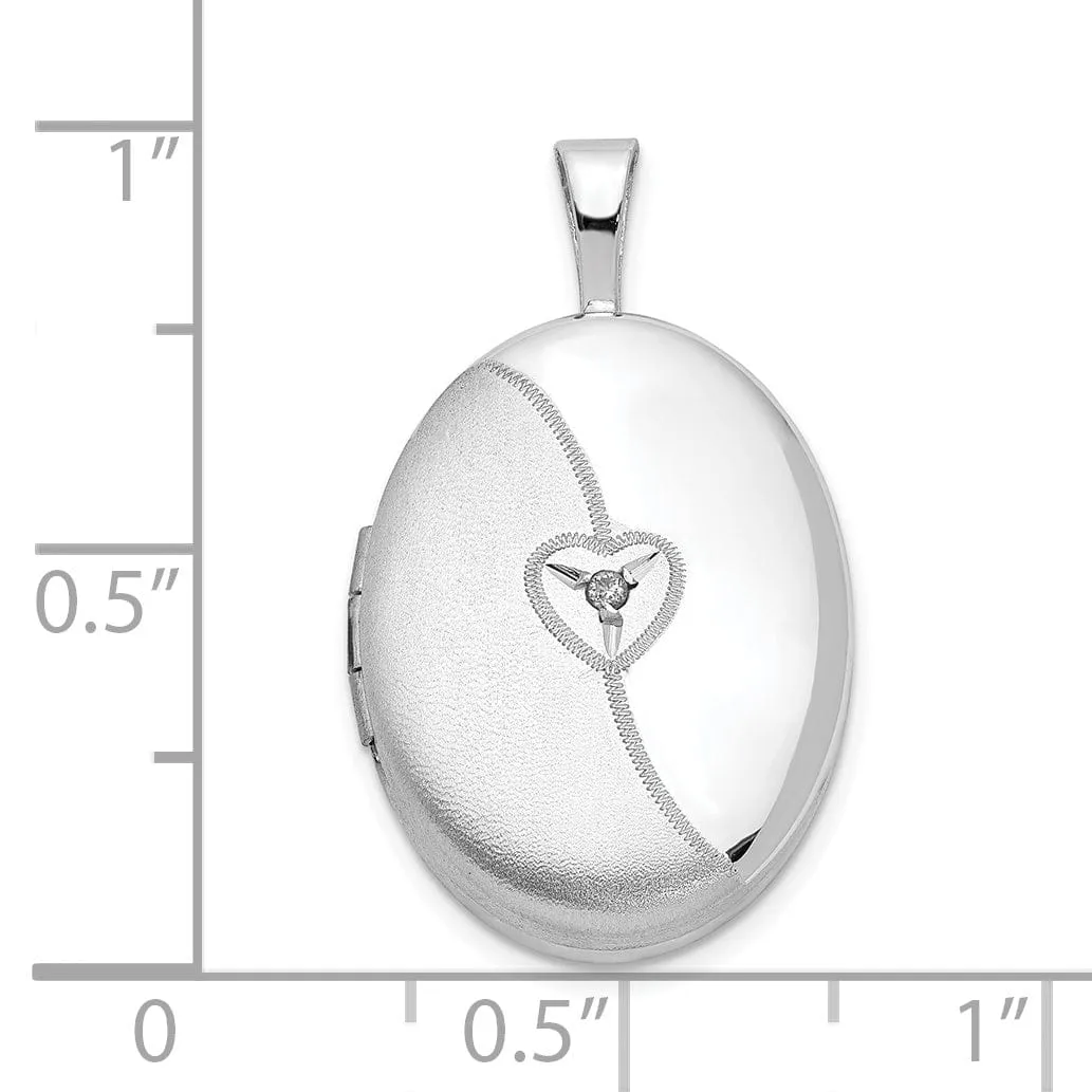 Sterling Silver 19mm Diamond Brushed and Polished Heart Oval Locket