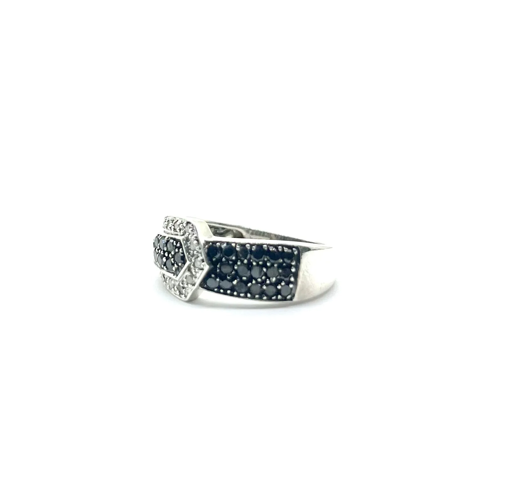 Sterling Silver Black and White Diamond Buckle Ring