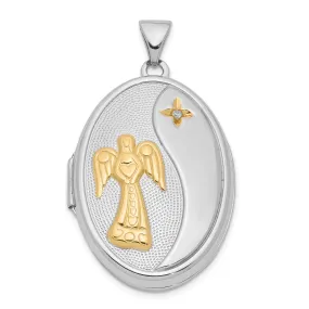 Sterling Silver Diamond Yellow Rhodium 26mm Angel Oval Locket