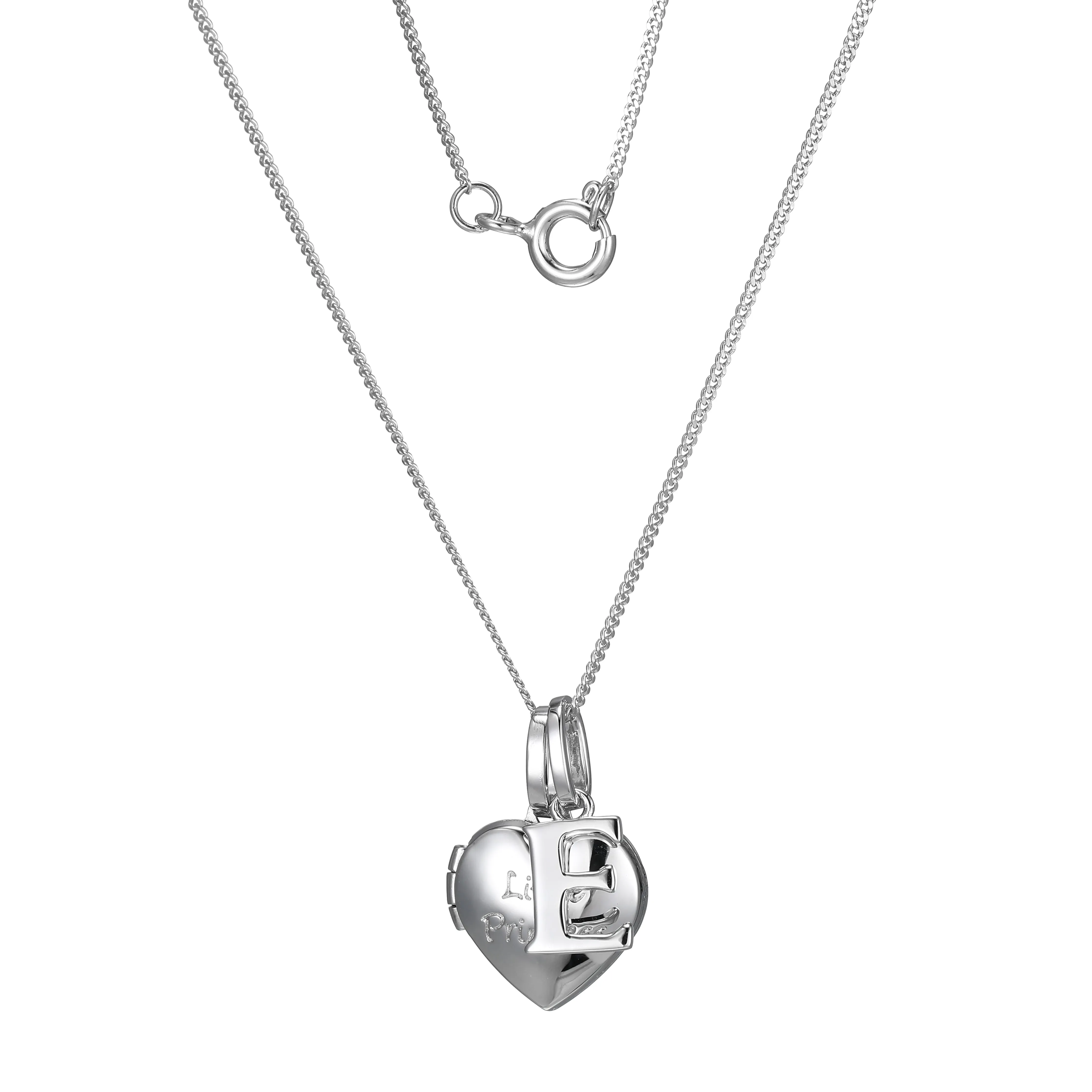 Sterling Silver Heart 40cm Locket & Initial E Children's Pendant