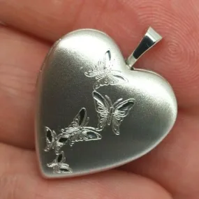 Sterling Silver Heart Heart Brushed Finish Butterflies Locket