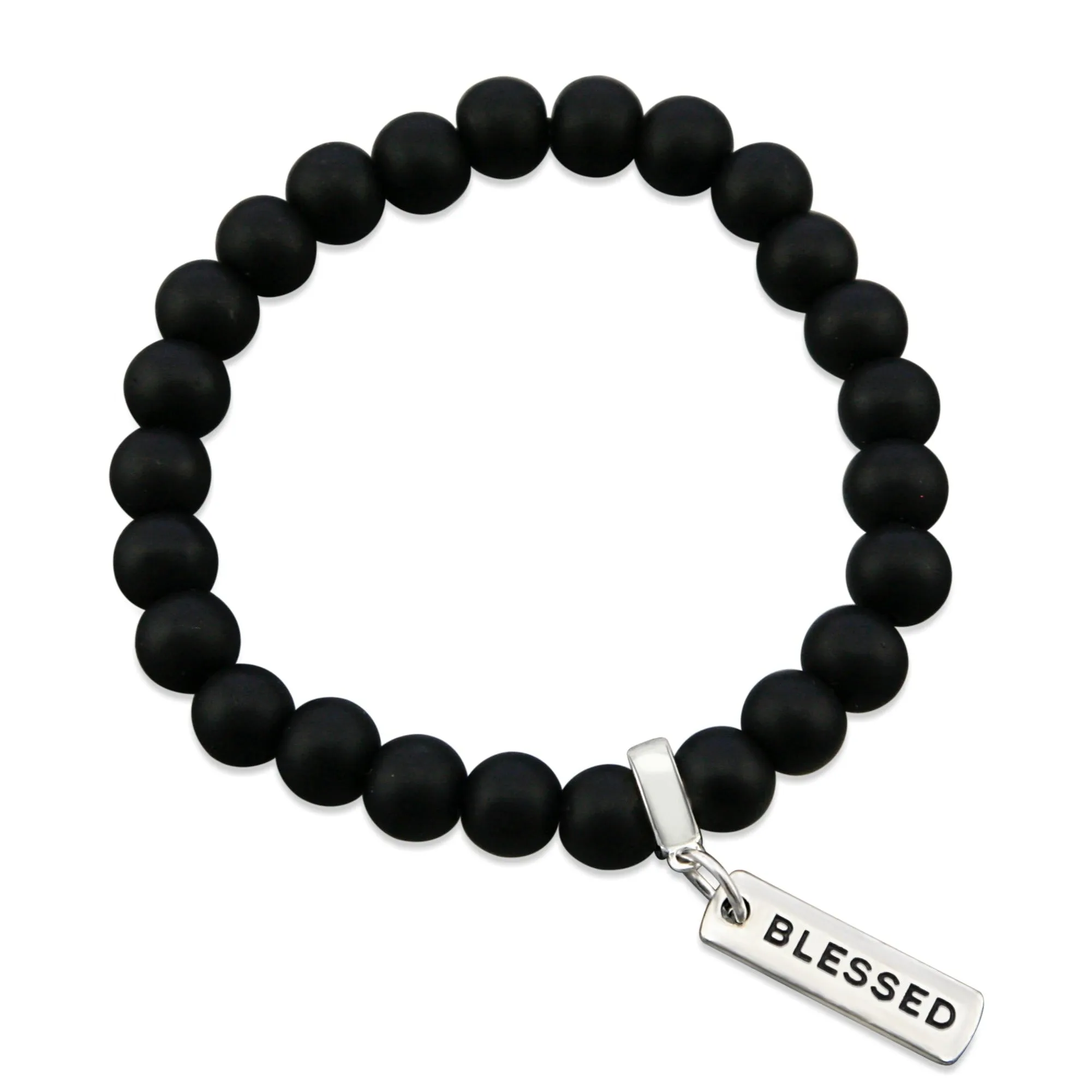 Stone Bracelet - Matt Black Onyx 8mm Bead - with Silver Word Charm