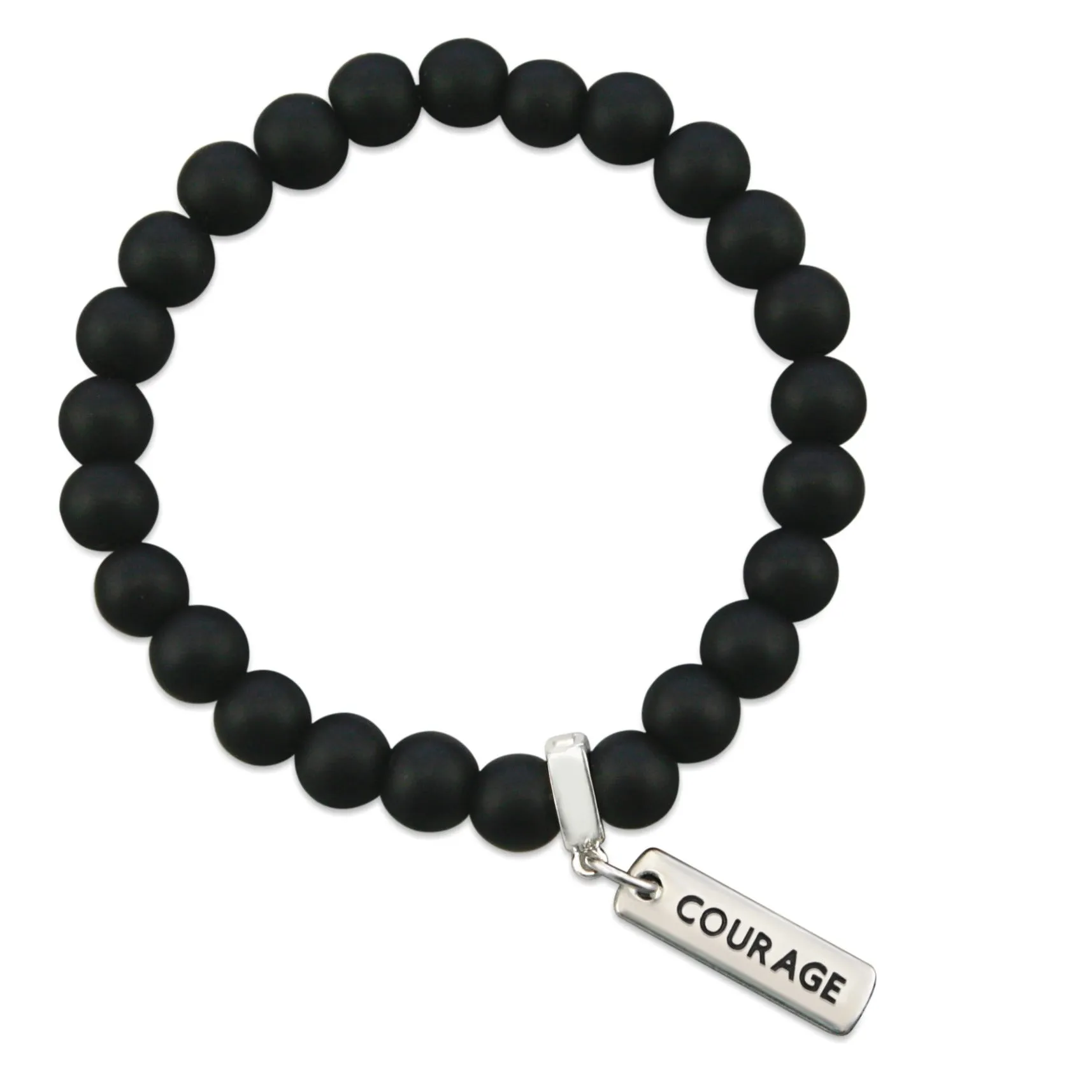 Stone Bracelet - Matt Black Onyx 8mm Bead - with Silver Word Charm