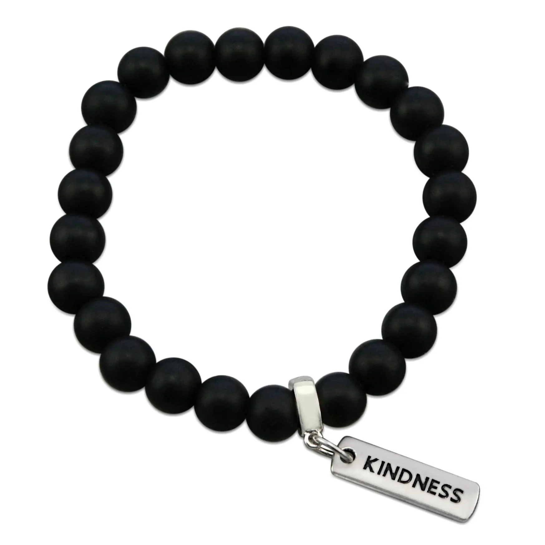 Stone Bracelet - Matt Black Onyx 8mm Bead - with Silver Word Charm