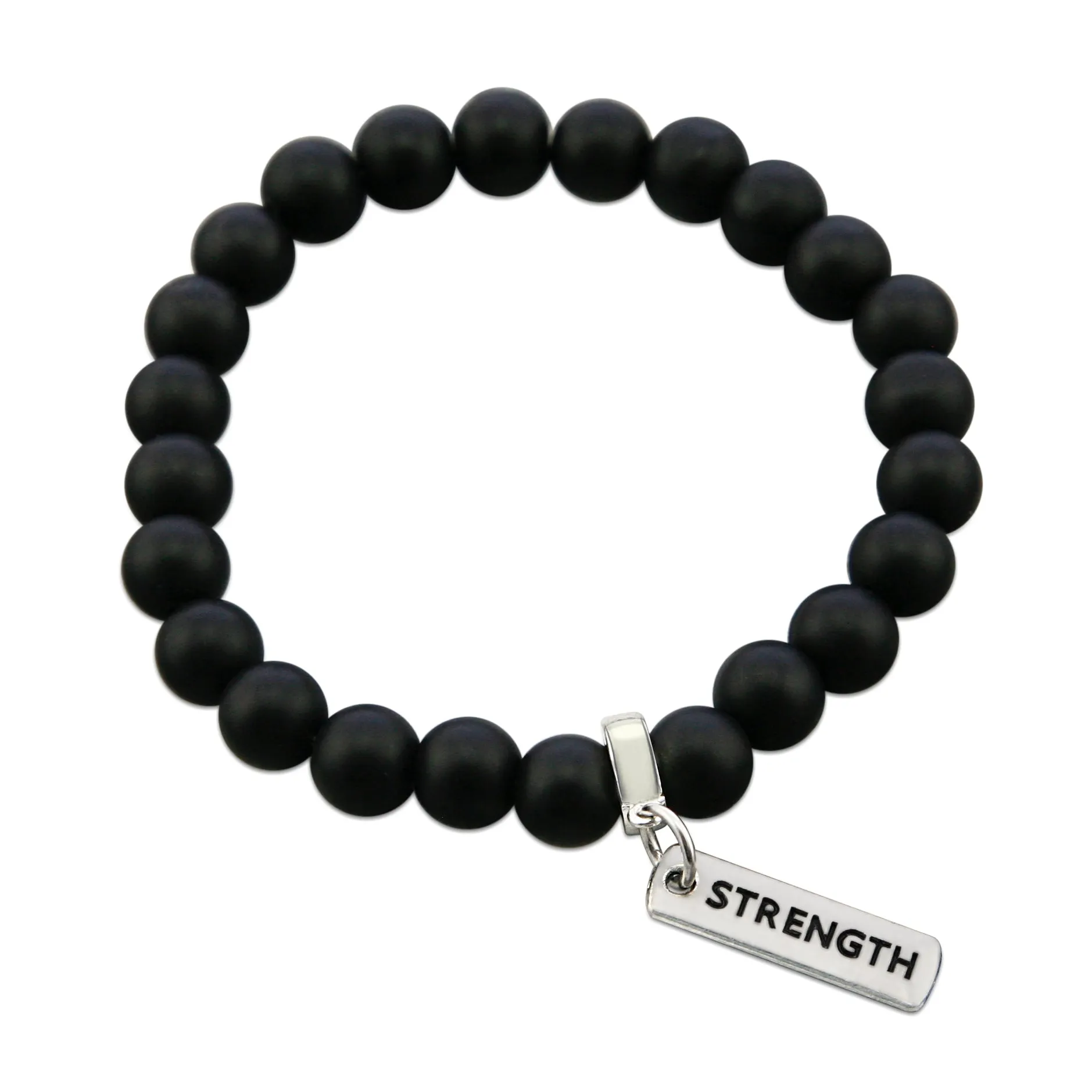 Stone Bracelet - Matt Black Onyx 8mm Bead - with Silver Word Charm