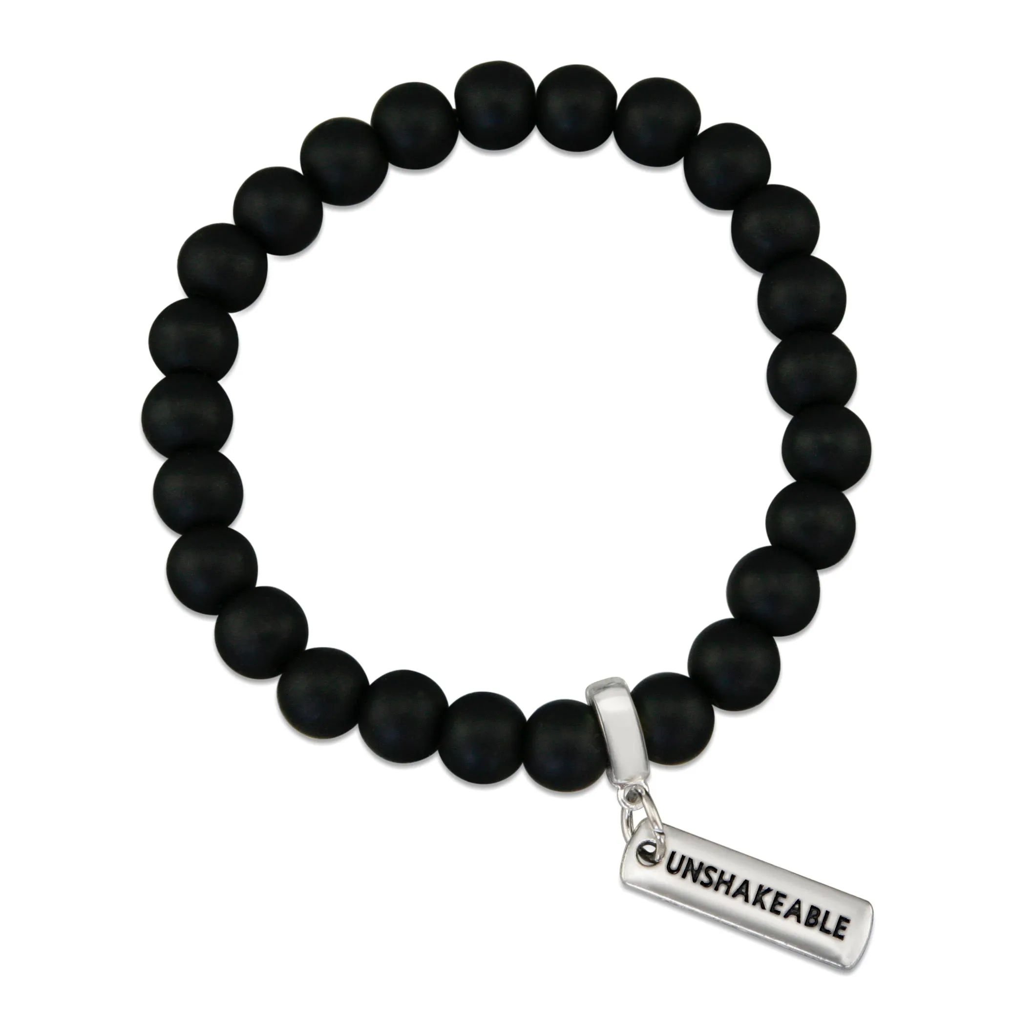 Stone Bracelet - Matt Black Onyx 8mm Bead - with Silver Word Charm