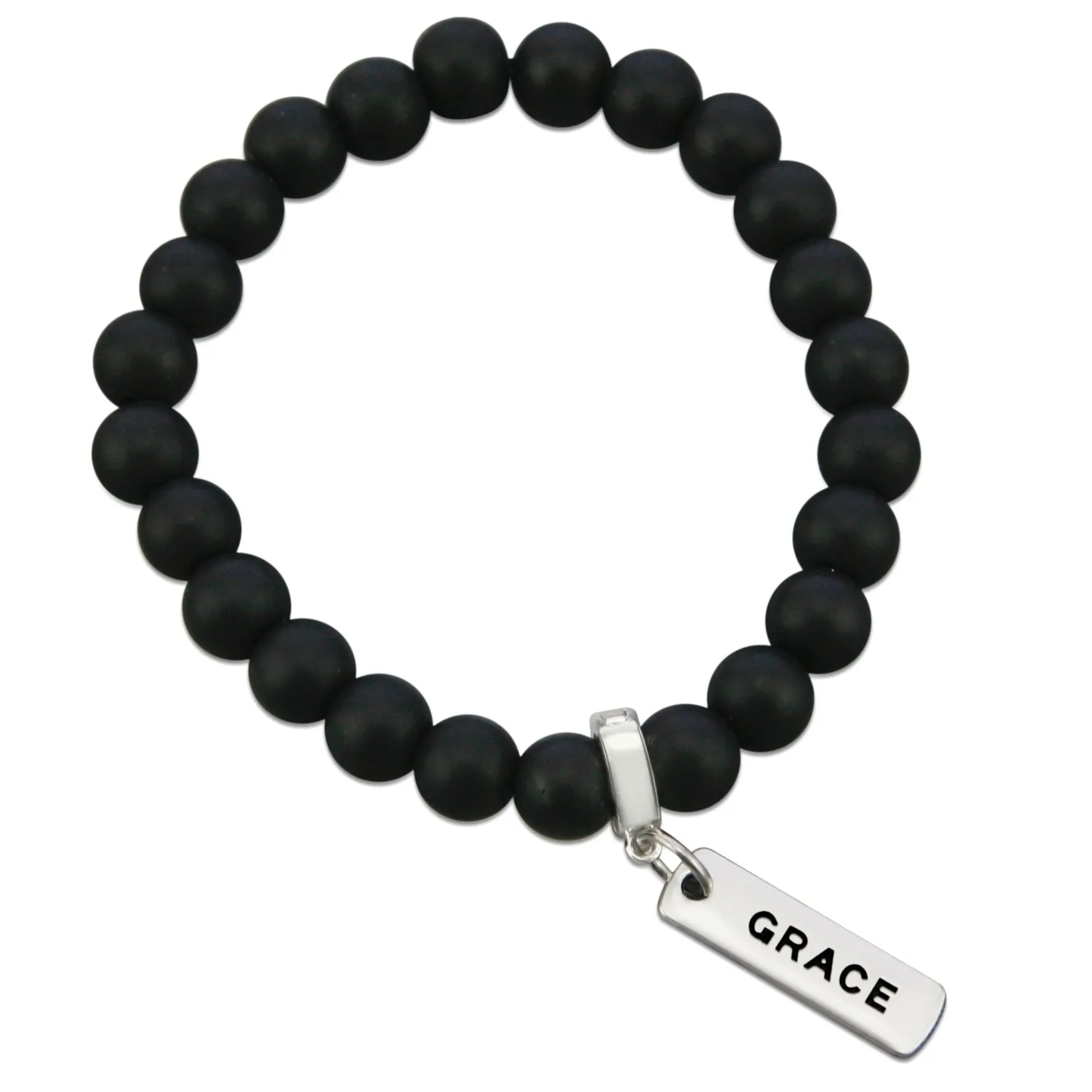 Stone Bracelet - Matt Black Onyx 8mm Bead - with Silver Word Charm