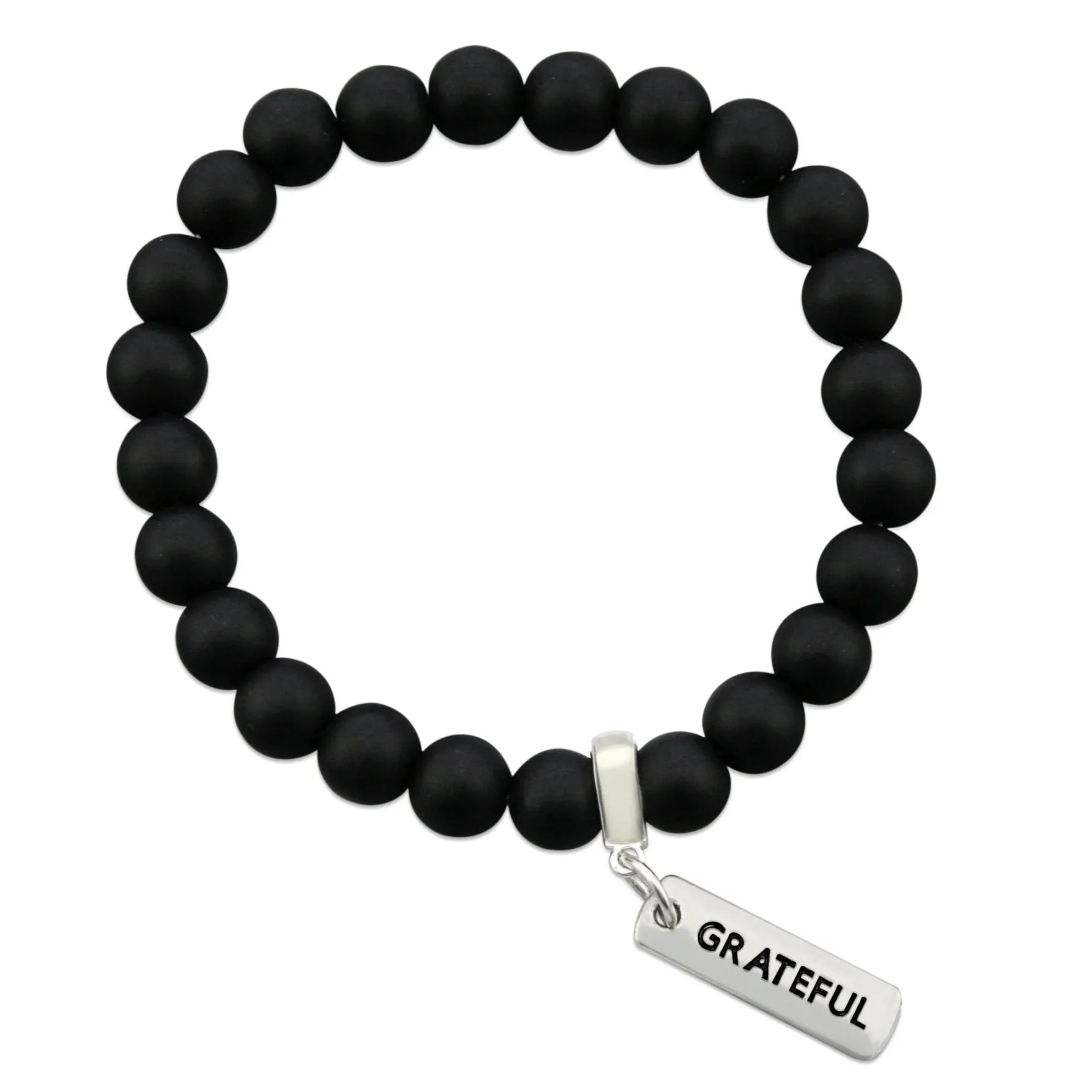 Stone Bracelet - Matt Black Onyx 8mm Bead - with Silver Word Charm