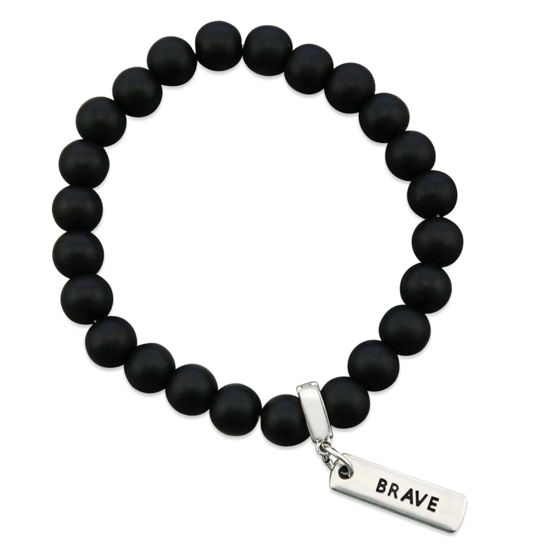 Stone Bracelet - Matt Black Onyx 8mm Bead - with Silver Word Charm