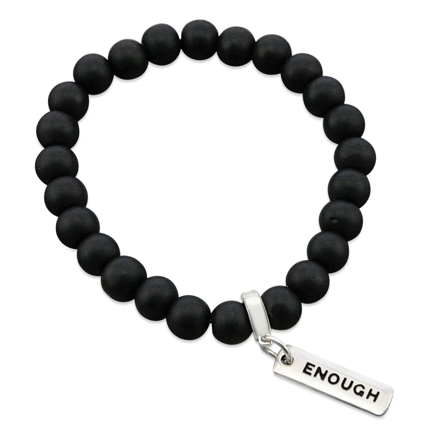 Stone Bracelet - Matt Black Onyx 8mm Bead - with Silver Word Charm