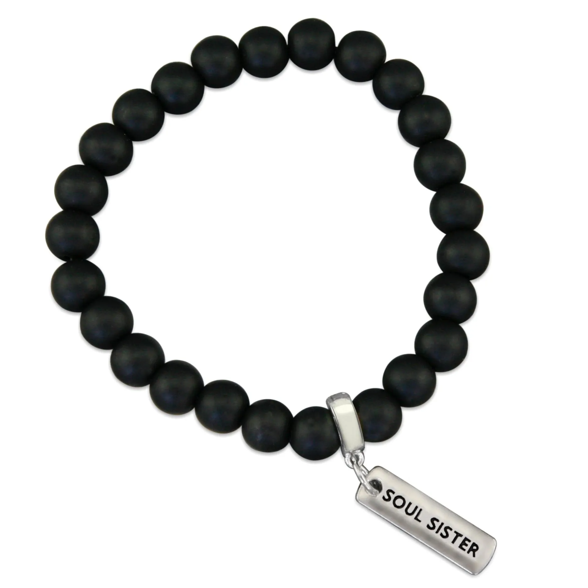 Stone Bracelet - Matt Black Onyx 8mm Bead - with Silver Word Charm