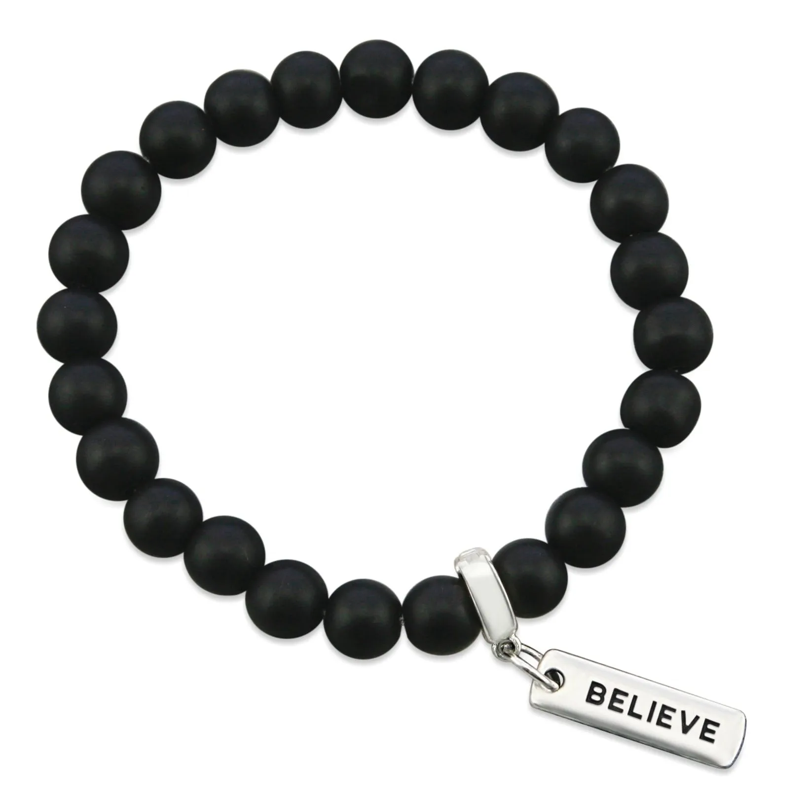 Stone Bracelet - Matt Black Onyx 8mm Bead - with Silver Word Charm