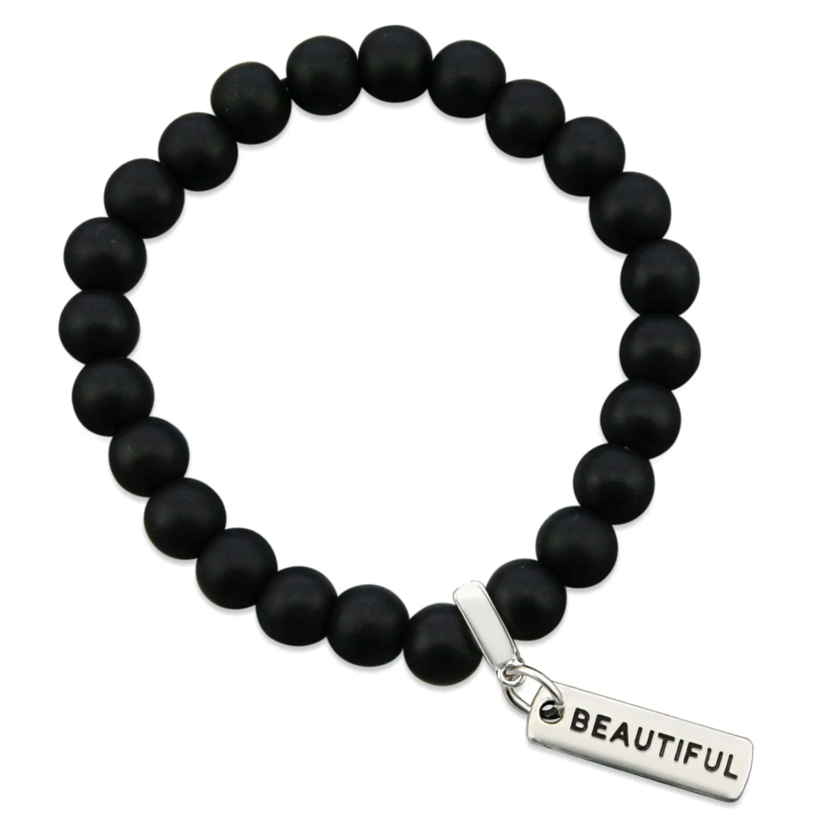 Stone Bracelet - Matt Black Onyx 8mm Bead - with Silver Word Charm