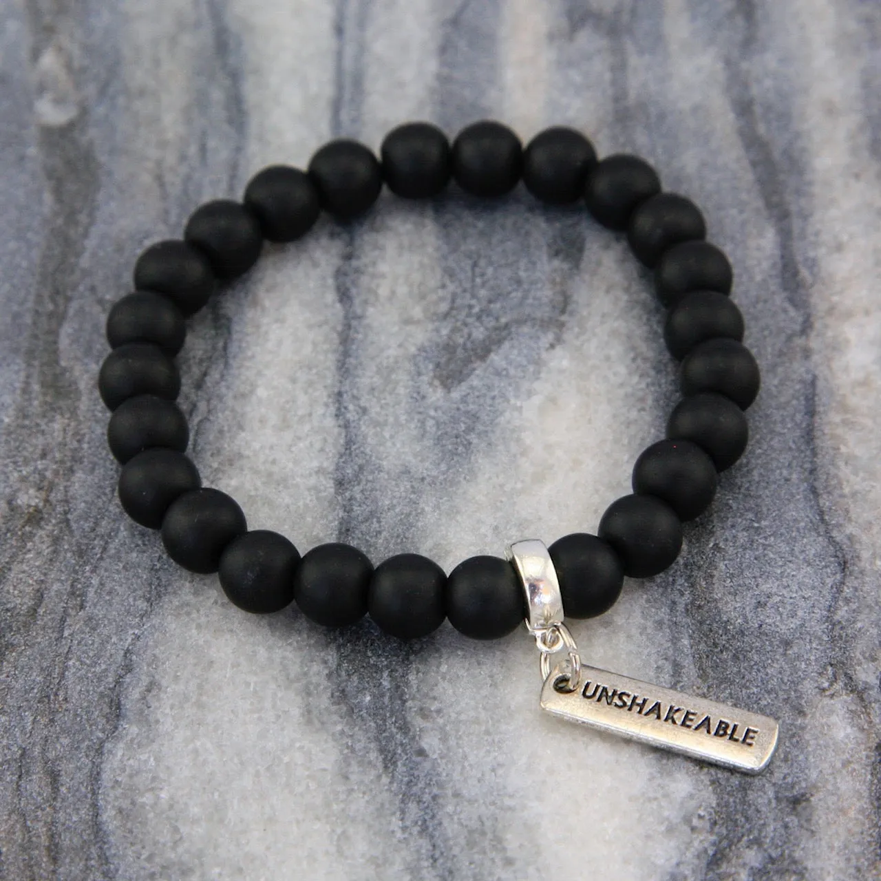 Stone Bracelet - Matt Black Onyx 8mm Bead - with Silver Word Charm