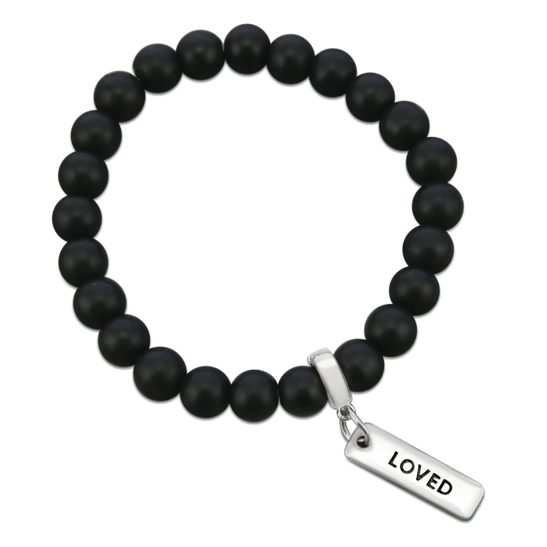 Stone Bracelet - Matt Black Onyx 8mm Bead - with Silver Word Charm