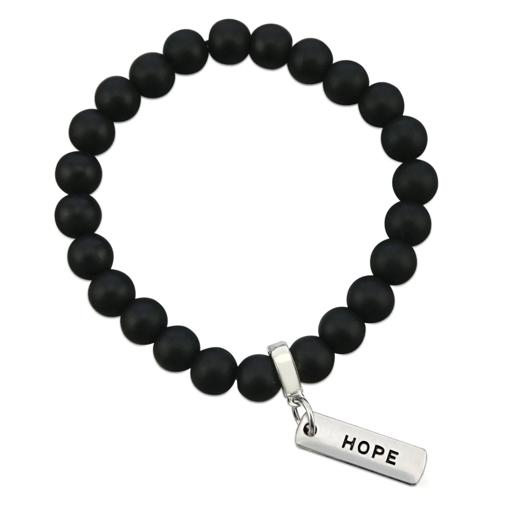 Stone Bracelet - Matt Black Onyx 8mm Bead - with Silver Word Charm