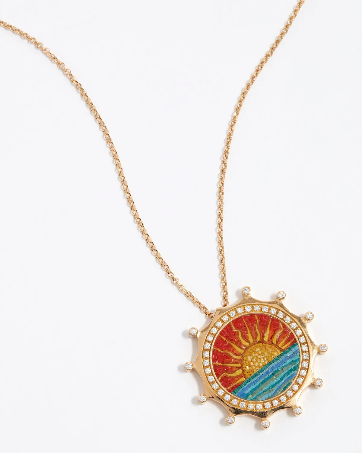 Sun, Diamond & Micro Mosaic Pendant Necklace, 18k Gold