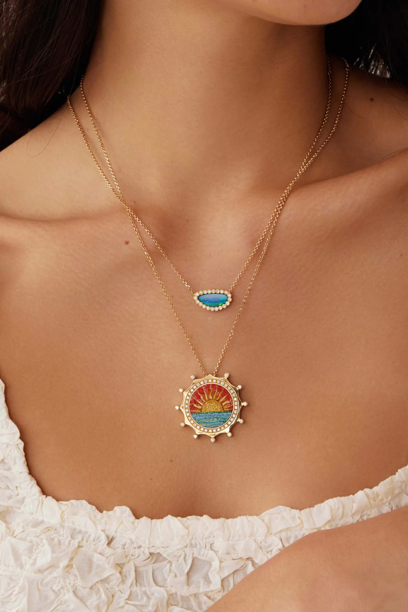 Sun, Diamond & Micro Mosaic Pendant Necklace, 18k Gold