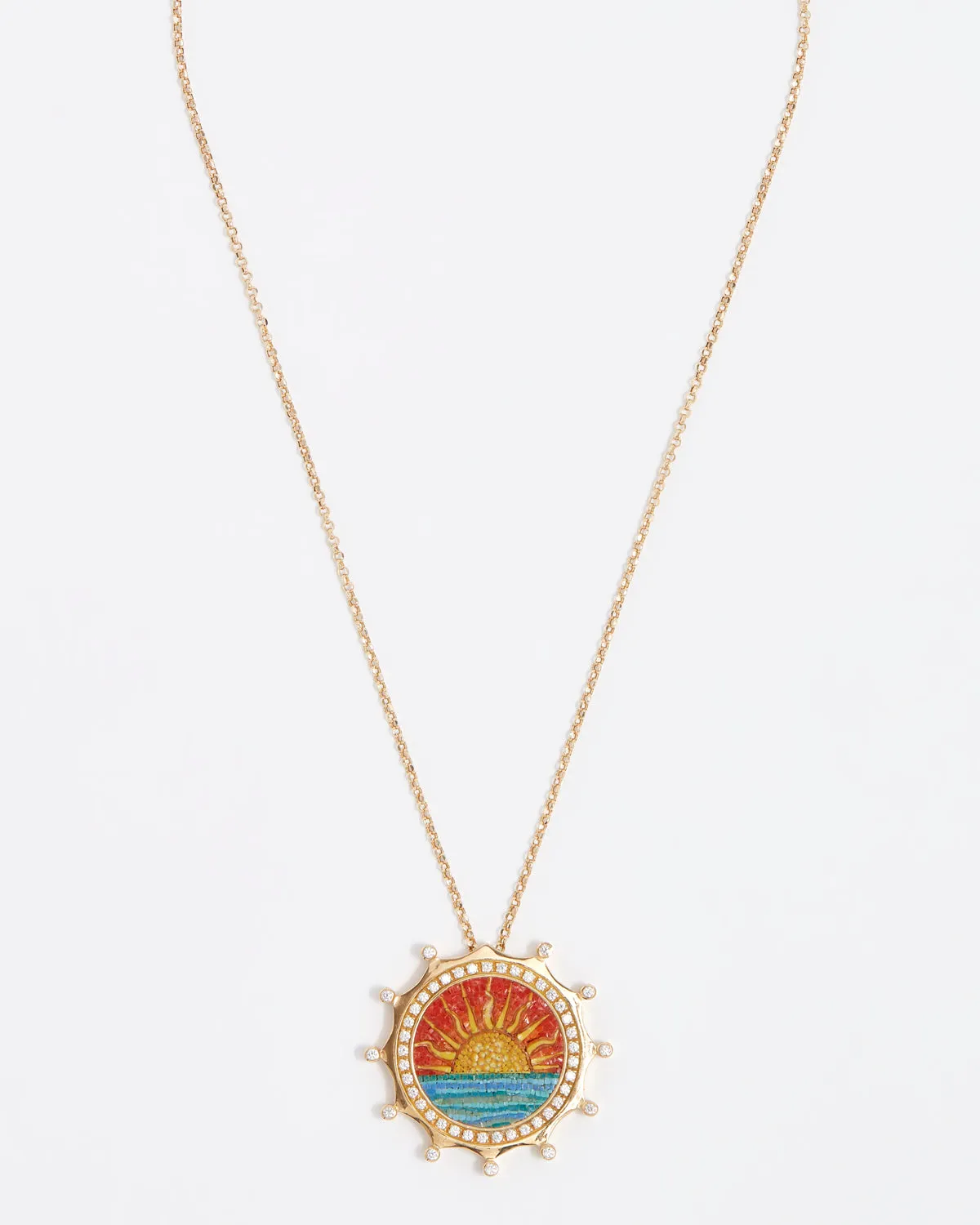 Sun, Diamond & Micro Mosaic Pendant Necklace, 18k Gold