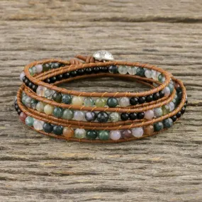 Sunset Fields Moss Agate and Onyx Beaded Leather Cord Wrap Bracelet