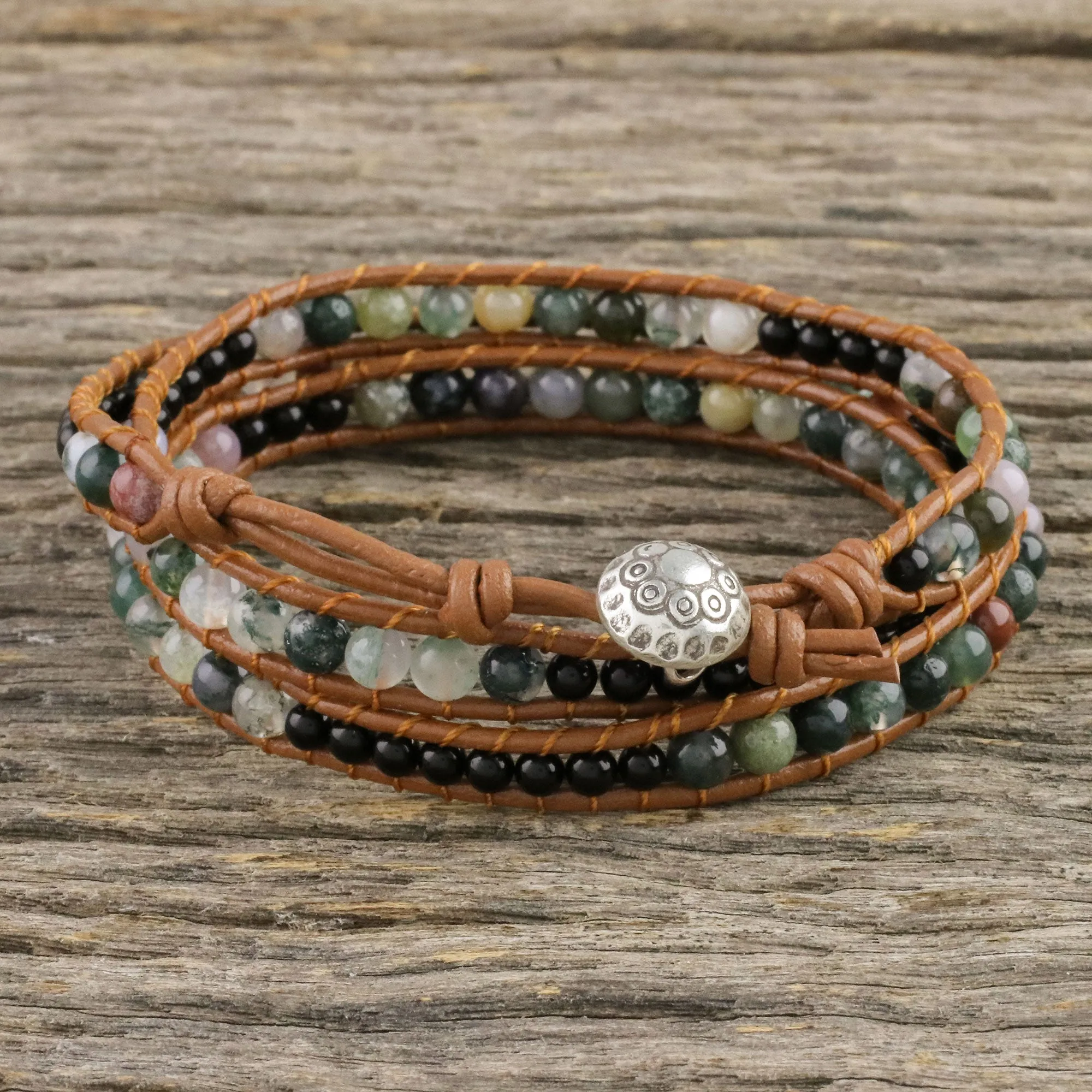 Sunset Fields Moss Agate and Onyx Beaded Leather Cord Wrap Bracelet