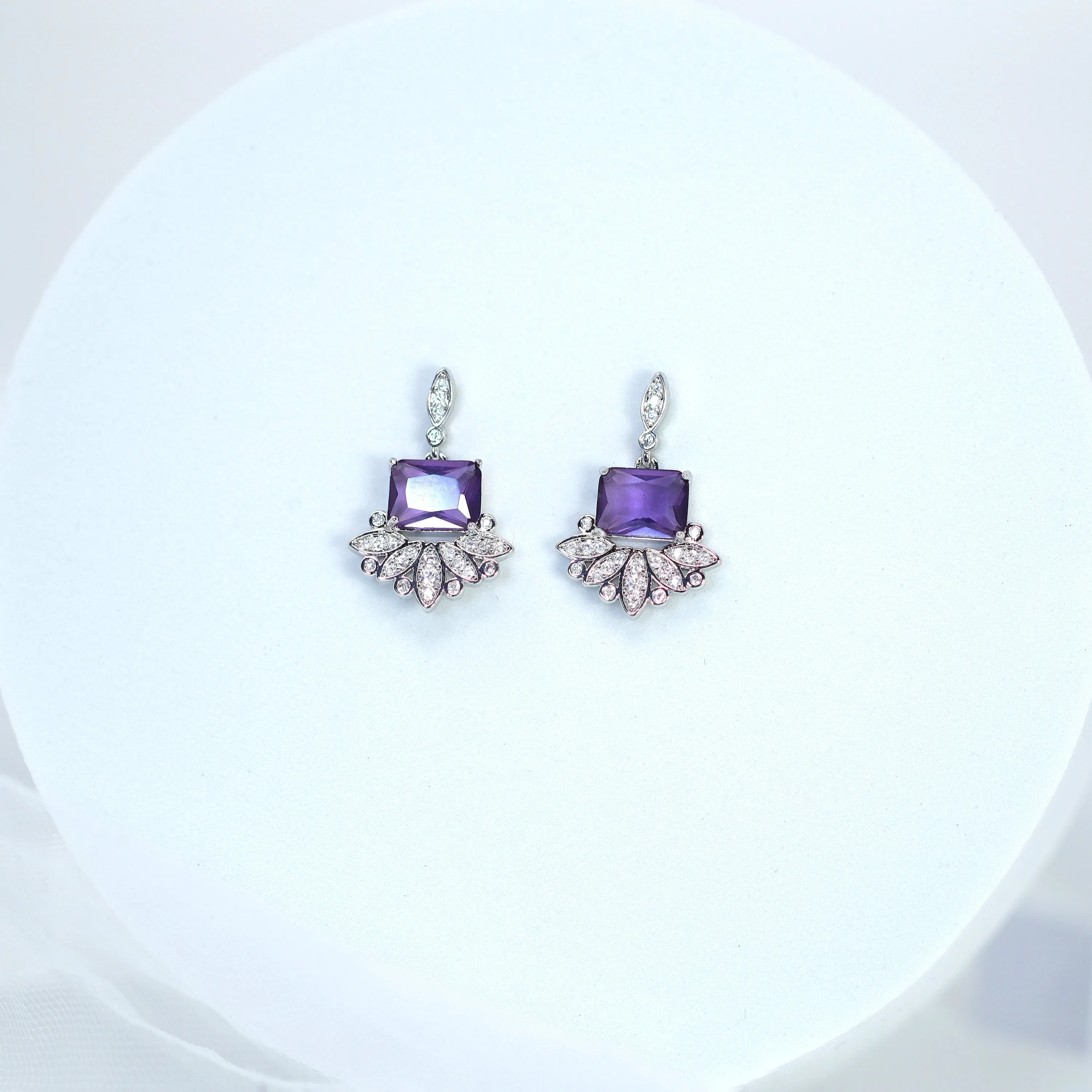 Swarovski Crystal Flower Drop With Purple Accent Dainty Earrings, Bridal Jewelry, Crystal Bridal Earrings, Statement Earrings Cz