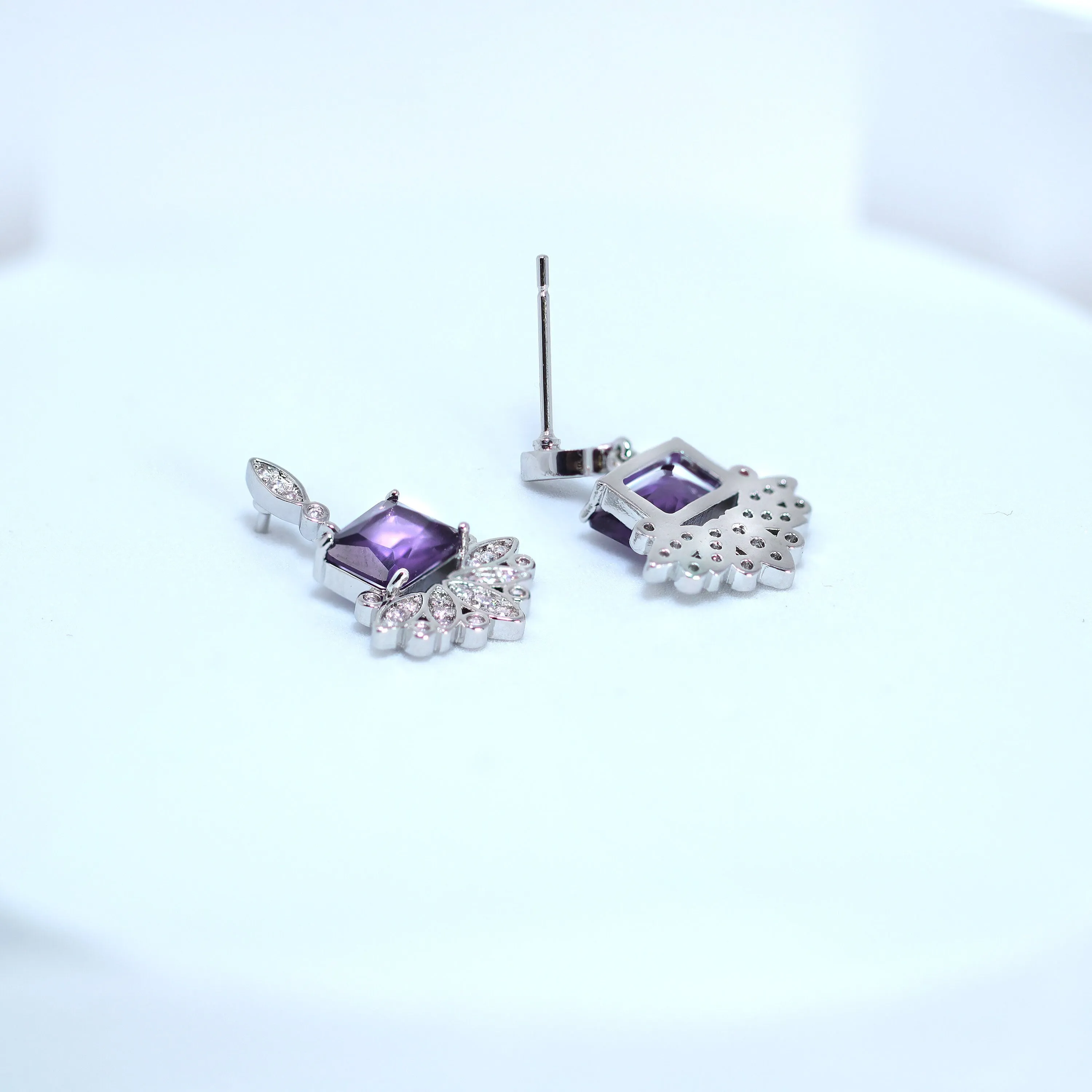 Swarovski Crystal Flower Drop With Purple Accent Dainty Earrings, Bridal Jewelry, Crystal Bridal Earrings, Statement Earrings Cz