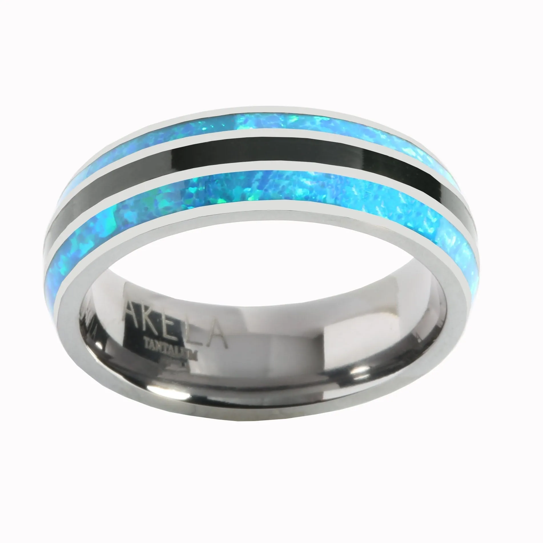 Tantalum with Blue Opal and Onyx Inlaid Wedding Ring Barrel 6mm