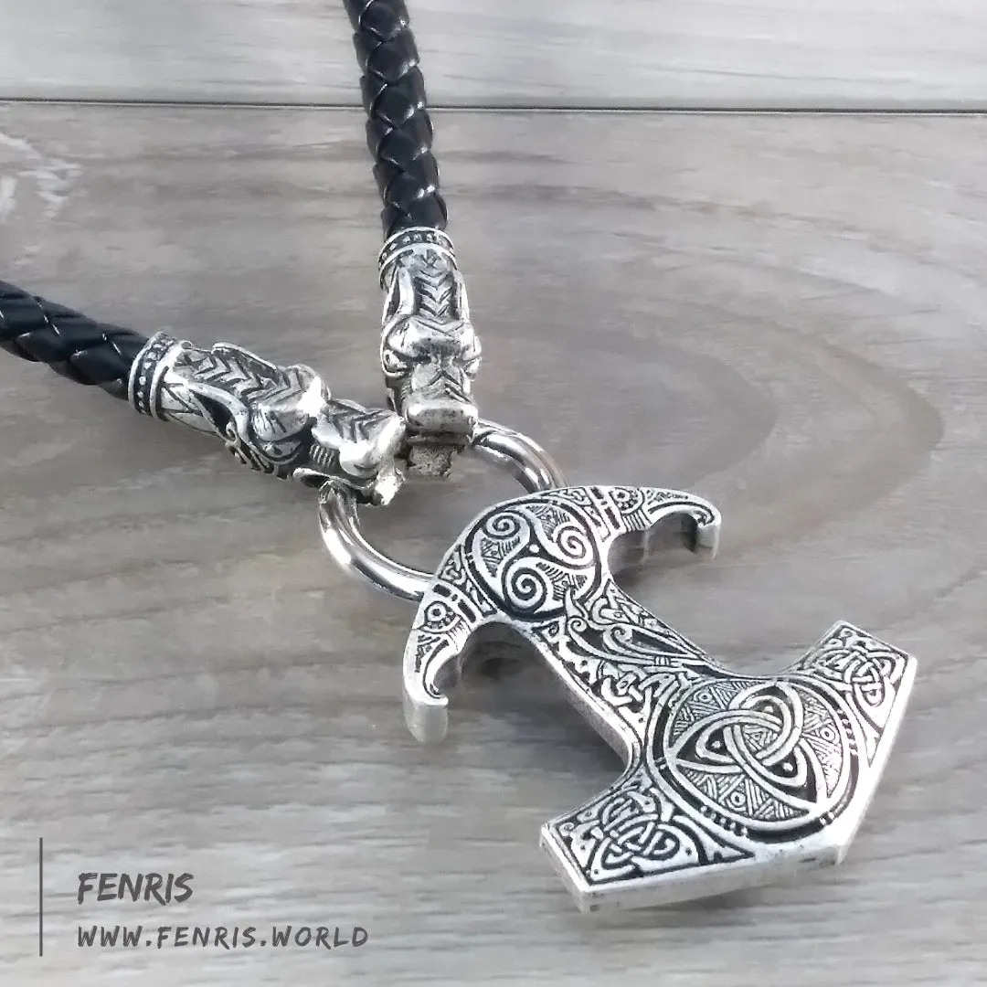 Thor's Hammer Necklace Silver Wolf Black Leather Norse Viking Style