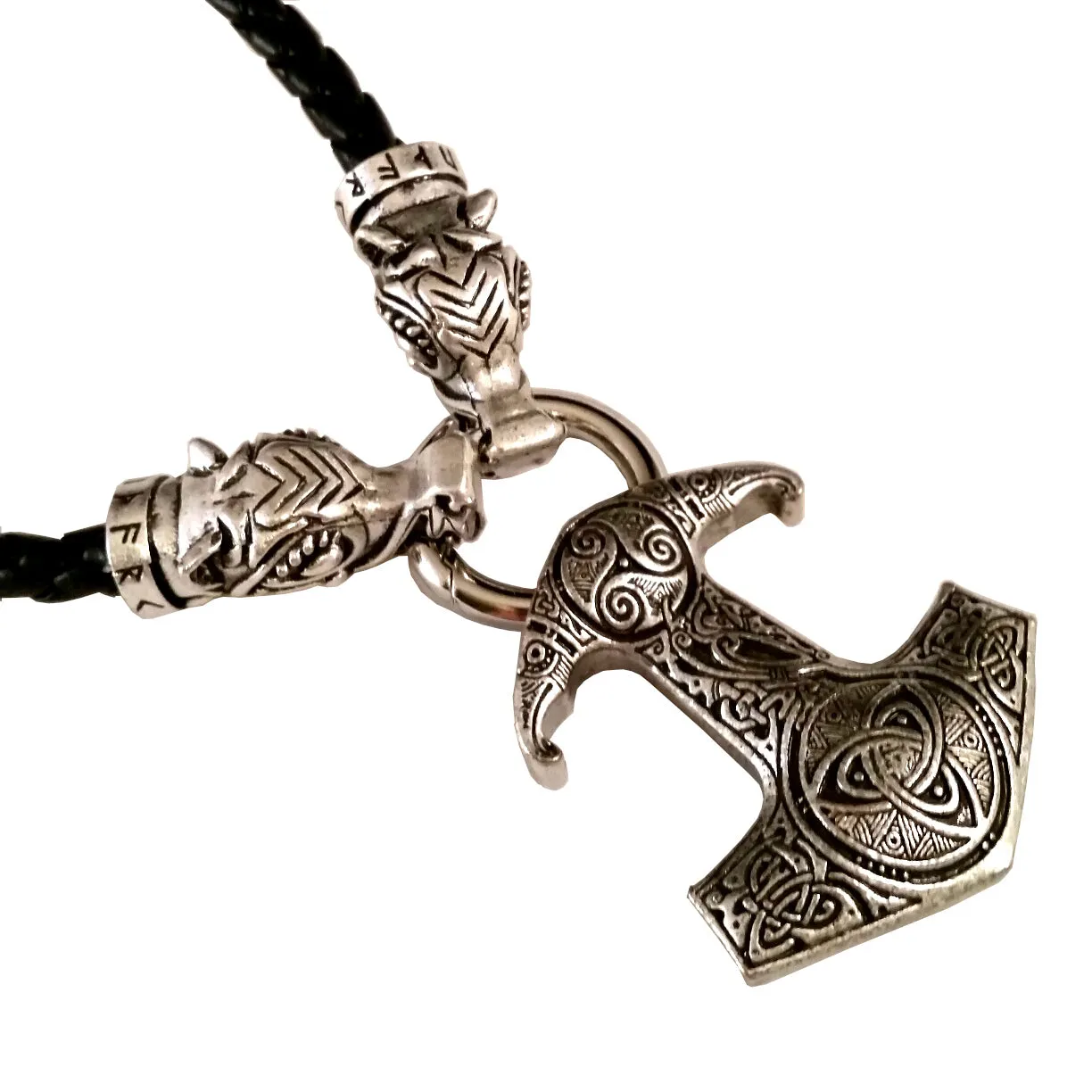 Thor's Hammer Necklace Silver Wolf Runes Norse Viking Style