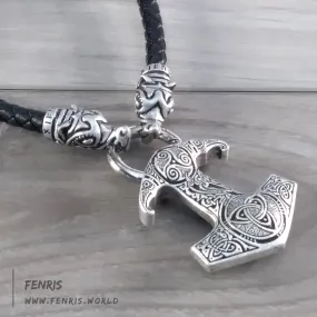 Thor's Hammer Necklace Silver Wolf Runes Norse Viking Style