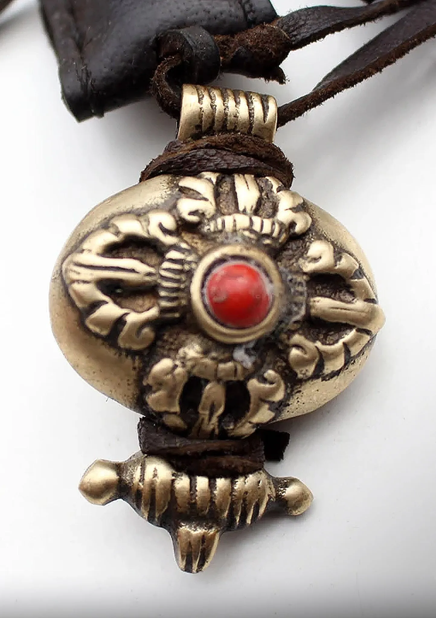 Tibetan White Metal Double Dorjee Ghau Pendant with Coral Inlays