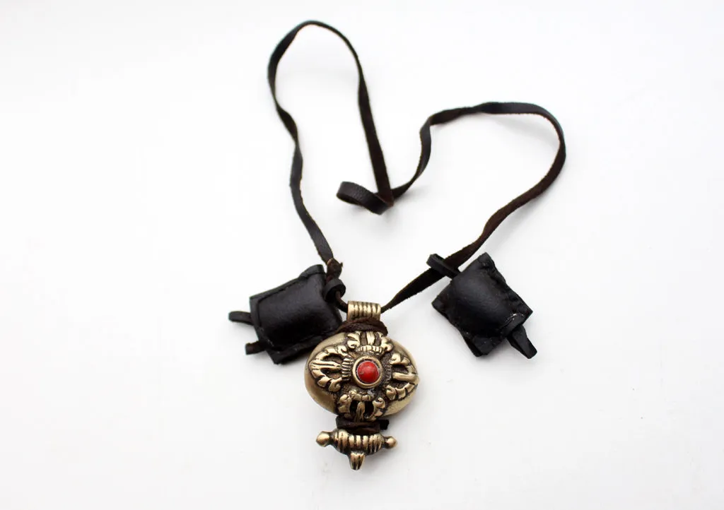 Tibetan White Metal Double Dorjee Ghau Pendant with Coral Inlays