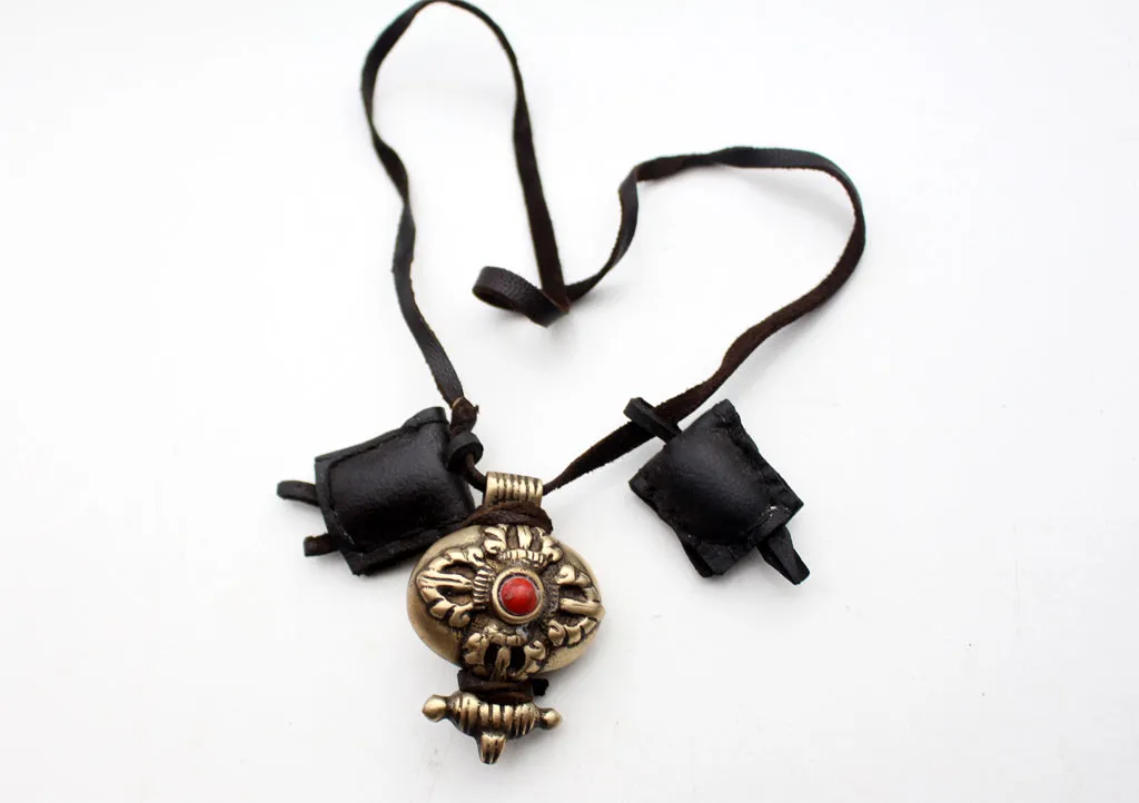 Tibetan White Metal Double Dorjee Ghau Pendant with Coral Inlays