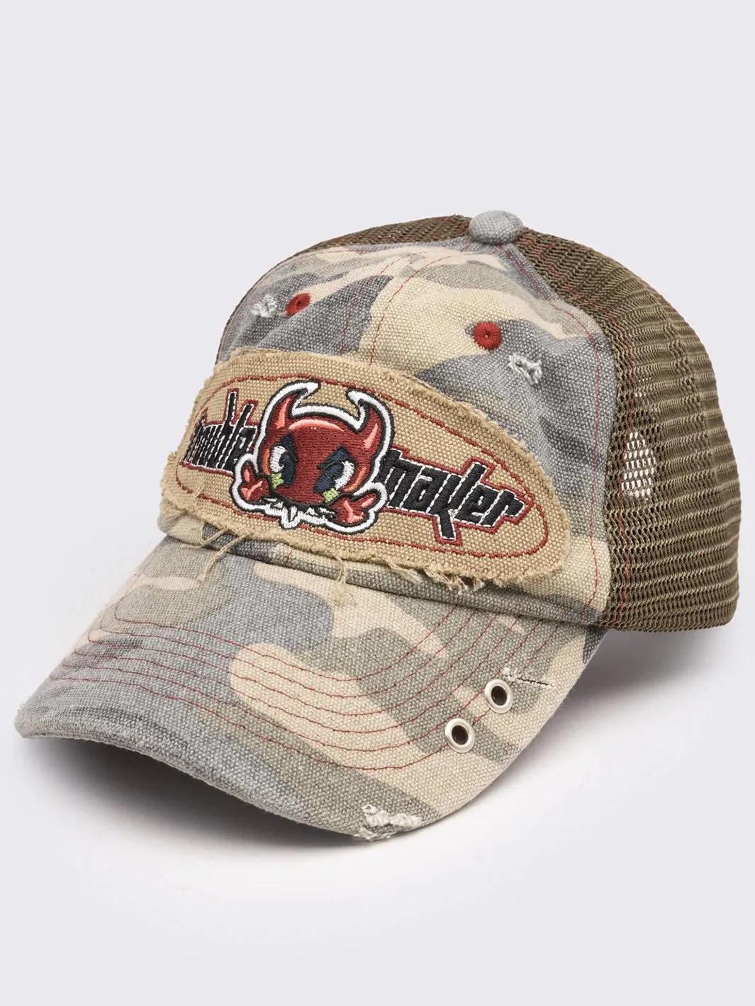 TROUBLEMAKER CAMO DISTRESSED TRUCKER CAP