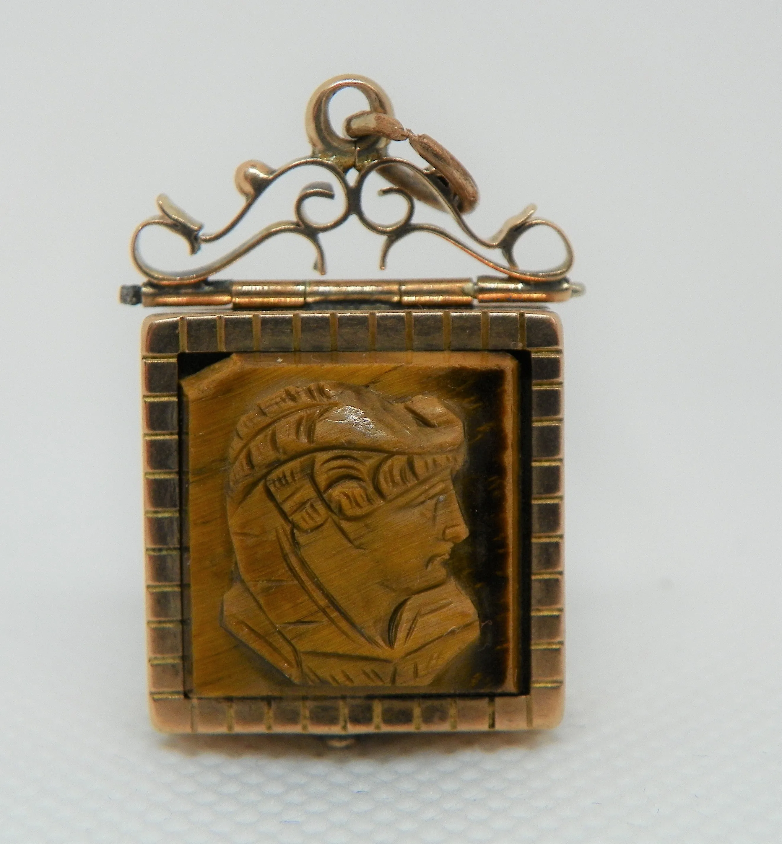 Victorian Locket Box. Gold Filled. Tiger's Eye Carved with Figure and Onyx Back.