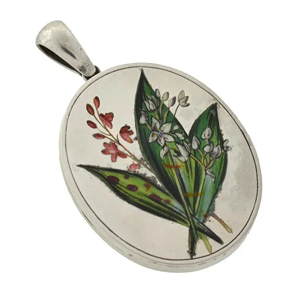 Victorian Sterling & Painted Enamel Leaves & Flowers Locket