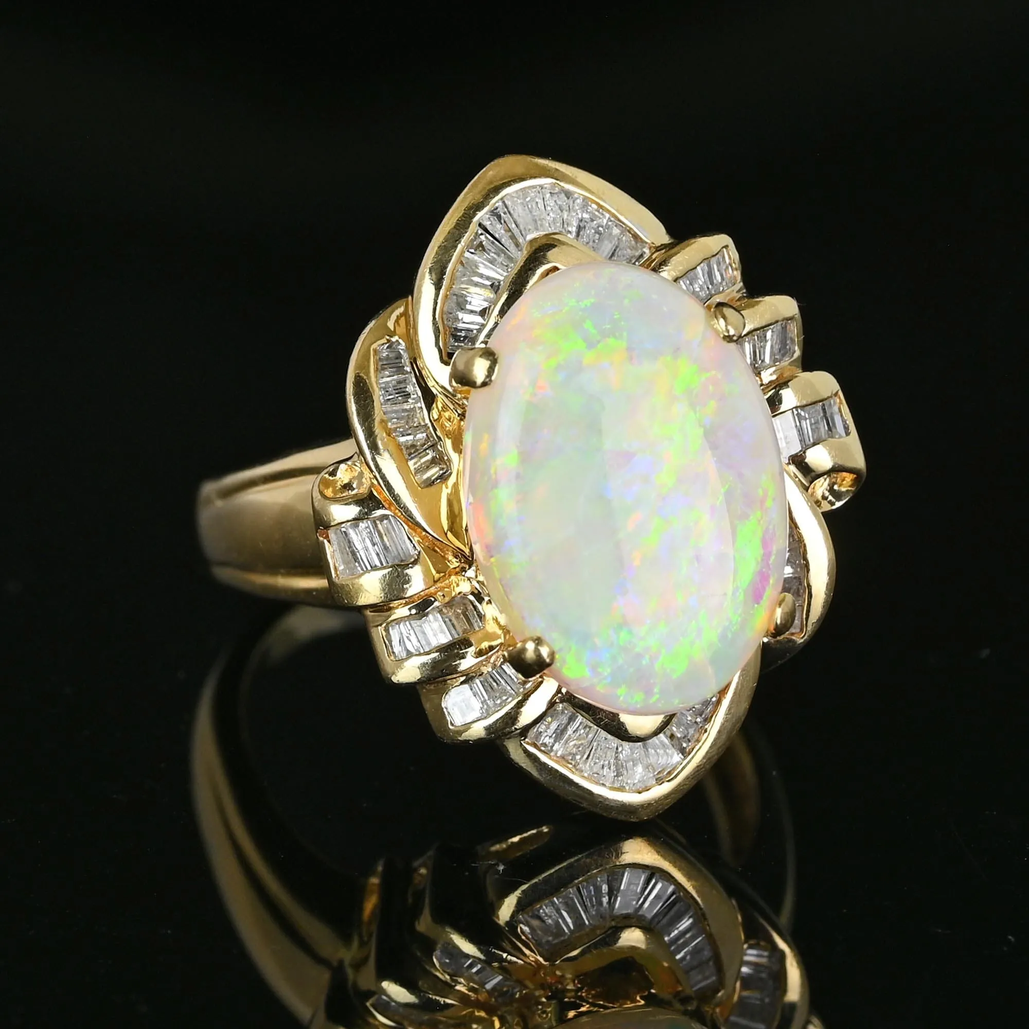 Vintage 14K Gold Baguette Diamond Opal Cocktail Ring