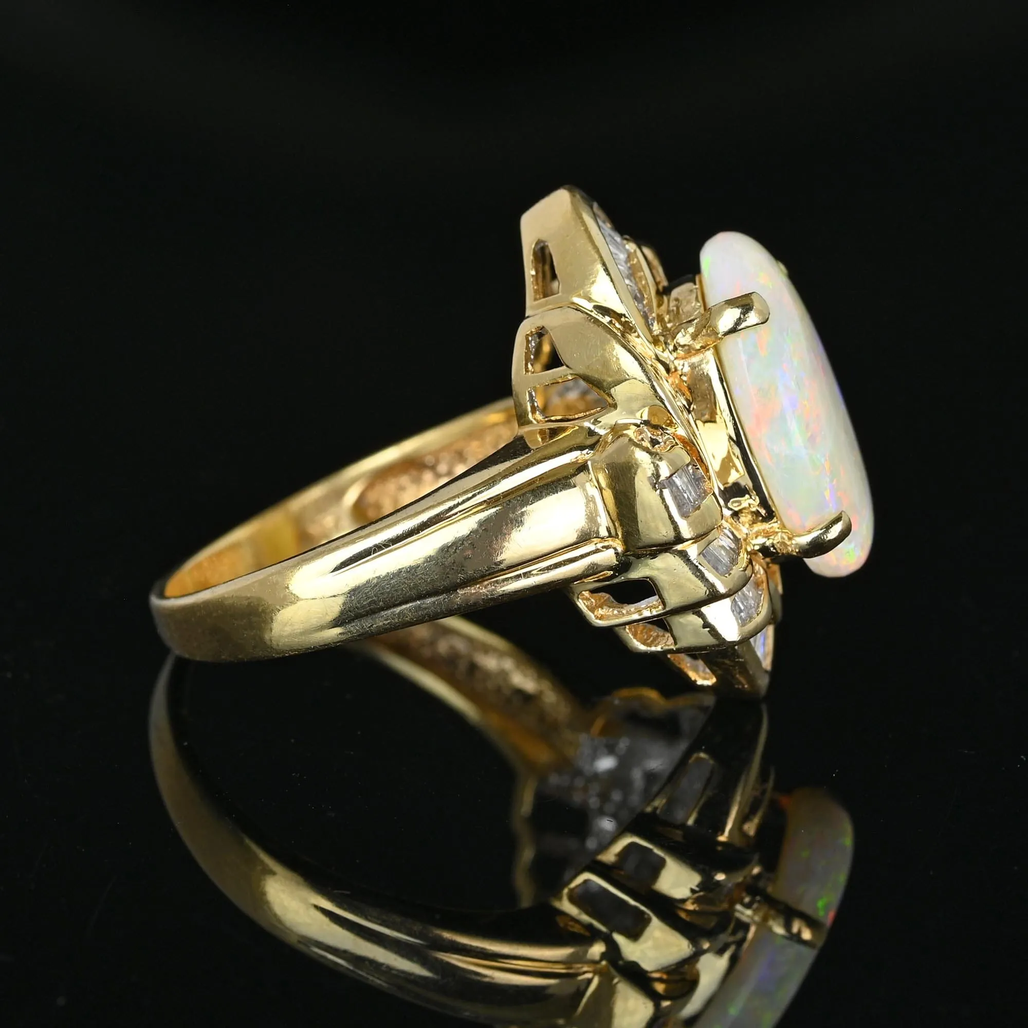 Vintage 14K Gold Baguette Diamond Opal Cocktail Ring