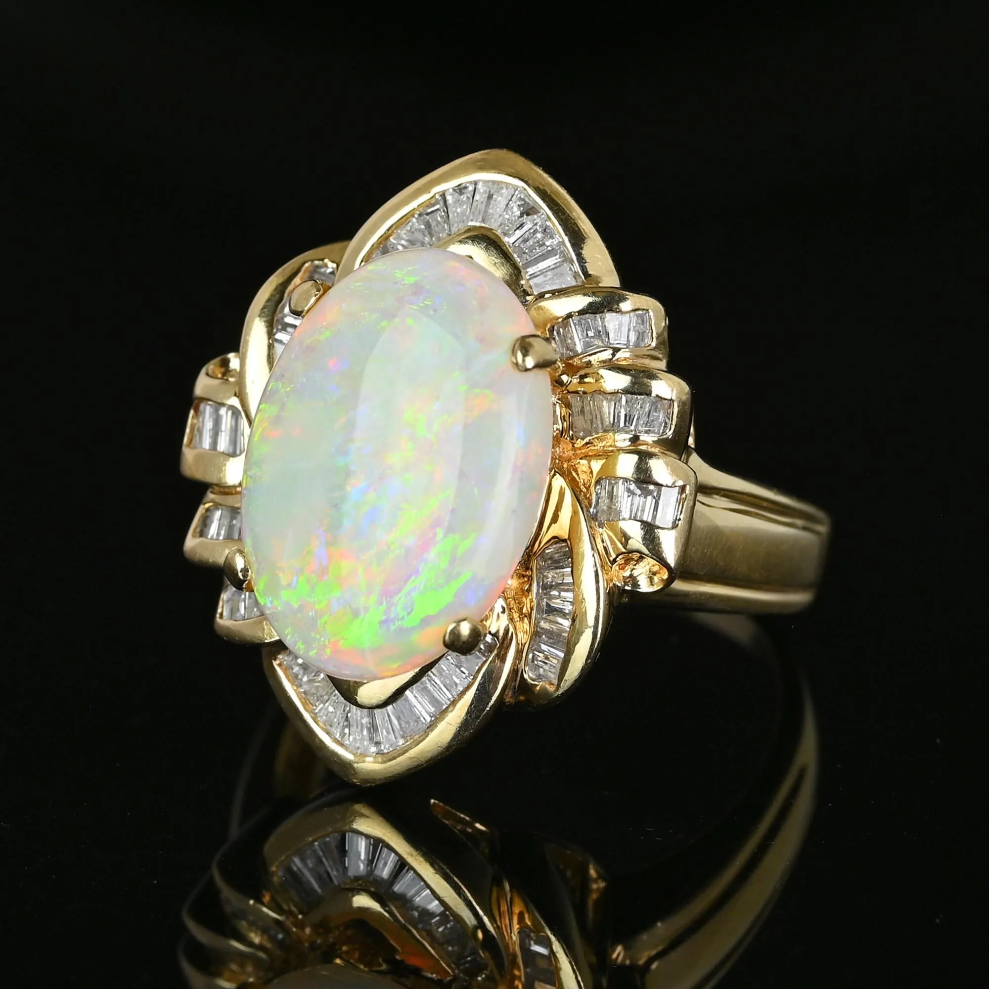 Vintage 14K Gold Baguette Diamond Opal Cocktail Ring